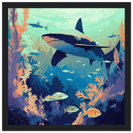 Shark In The Reef - Semi-Glossy Paper Wooden Framed Poster